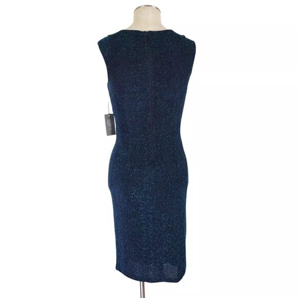 Vince Camuto Bodycon Dress Size 6 Black Aqua Asymmetrical Neck Sparkle Ruching - Picture 4 of 13